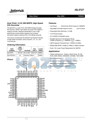 ISL5727IN datasheet - Dual 10-bit, 3.3V, 260MSPS, High Speed D/A Converter