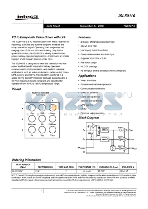 ISL59116 datasheet - YC to Composite Video Driver with LPF