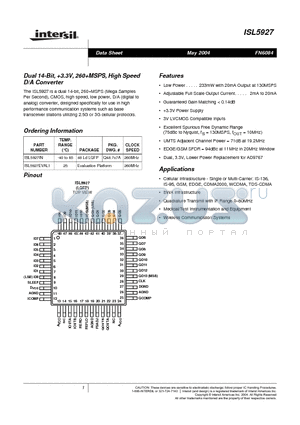 ISL5927 datasheet - Dual 14-Bit, 3.3V, 260MSPS, High Speed D/A Converter