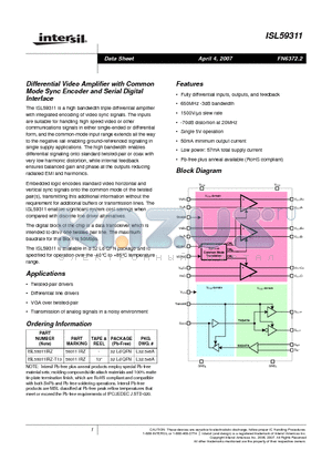 ISL59311 datasheet - Differential Video Amplifier with Common Mode Sync Encoder and Serial Digital Interface