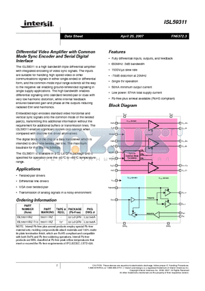 ISL59311 datasheet - Differential Video Amplifier with Common Mode Sync Encoder and Serial Digital Interface