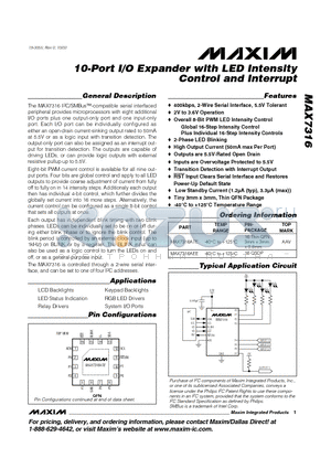 MAX7316ATE datasheet - 10-Port I/O Expander with LED Intensity Control and Interrupt
