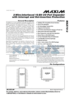 MAX7312AUG datasheet - 2-Wire-Interfaced 16-Bit I/O Port Expander with Interrupt and Hot-Insertion Protection