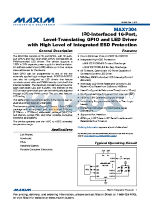 MAX7304EWA+ datasheet - I2C-Interfaced 16-Port,Level-Translating GPIO and LED Driver