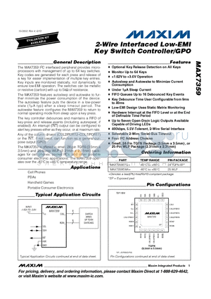 MAX7359ETG+ datasheet - 2-Wire Interfaced Low-EMI Key Switch Controller/GPO