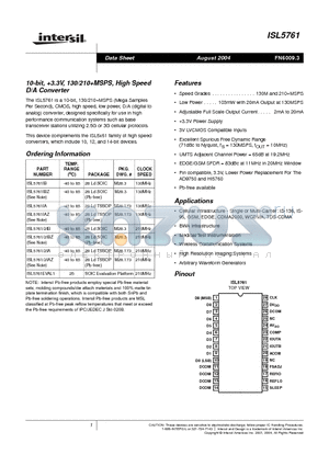 ISL5761/2IA datasheet - 10-bit, 3.3V, 130/210MSPS, High Speed D/A Converter