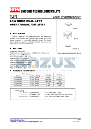 TL072-P08-R datasheet - LOW NOISE DUAL J-FET OPERATIONAL AMPLIFIER