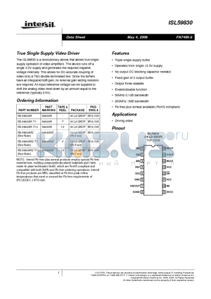 ISL59830IA-T7 datasheet - True Single Supply Video Driver