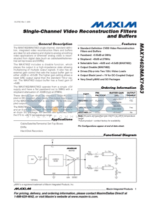 MAX7462 datasheet - Single-Channel Video Reconstruction Filters and Buffers