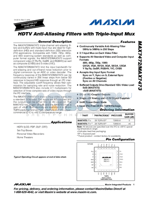 MAX7472UTI+ datasheet - HDTV Anti-Aliasing Filters with Triple-Input Mux