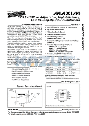 MAX770 datasheet - 5V/12V/15V or Adjustable, High-Efficiency, Low IQ, Step-Up DC-DC Controllers