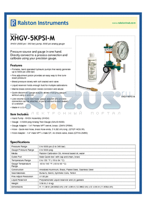 XHGV-5KPSI-M datasheet - XHGV (5000 psi / 350 bar) pump, 5000 psi analog gauge