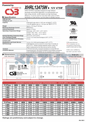 XHRL12475W datasheet - specially designed for high efficient discharge and long life application