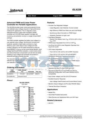 ISL6226 datasheet - Advanced PWM and Linear Power Controller for Portable Applications