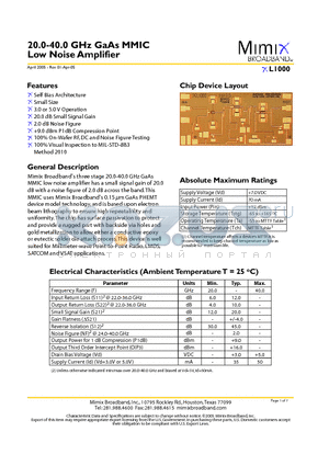 XL1000 datasheet - 20.0-40.0 GHz GaAs MMIC Low Noise Amplifier