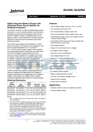 ISL6256HAZ datasheet - Highly Integrated Battery Charger with Automatic Power Source Selector for Notebook Computers