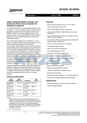 ISL6255AHRZ datasheet - Highly Integrated Battery Charger with Automatic Power Source Selector for Notebook Computers