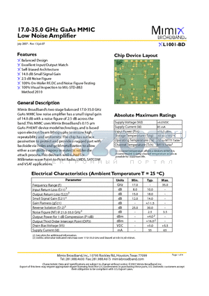XL1001-BD-000W datasheet - 17.0-35.0 GHz GaAs MMIC Low Noise Amplifier