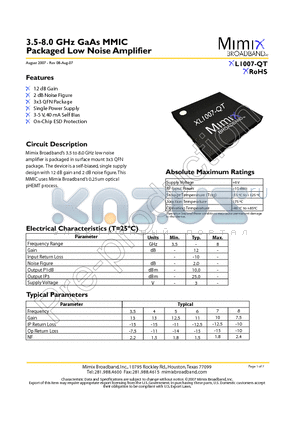 XL1007-QT-EV1 datasheet - 3.5-8.0 GHz GaAs MMIC Packaged Low Noise Amplifier