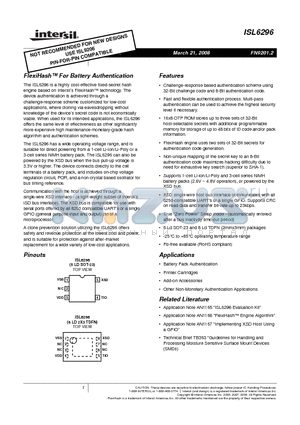 ISL6296DHZ-T datasheet - FlexiHash For Battery Authentication