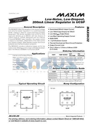 MAX8532 datasheet - Low-Noise, Low-Dropout,200mA Linear Regulator in UCSP