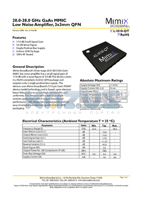 XL1010-QT datasheet - 20.0-38.0 GHz GaAs MMIC Low Noise Amplifier, 3x3mm QFN