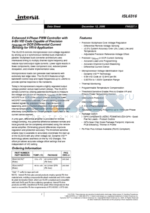 ISL6316CRZ datasheet - Enhanced 4-Phase PWM Controller with 6-Bit VID Code Capable of Precision rDS(ON) or DCR Differential Current Sensing for VR10 Application