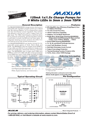 MAX8630W datasheet - 125mA 1x/1.5x Charge Pumps for 5 White LEDs in 3mm x 3mm TDFN