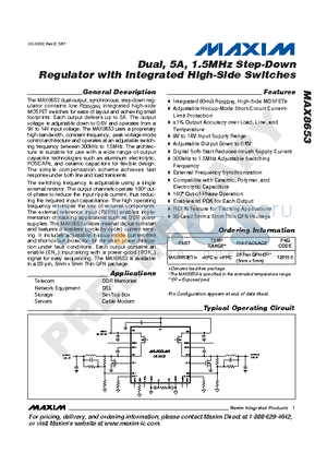 MAX8653 datasheet - Dual, 5A, 1.5MHz Step-Down Regulator with Integrated High-Side Switches