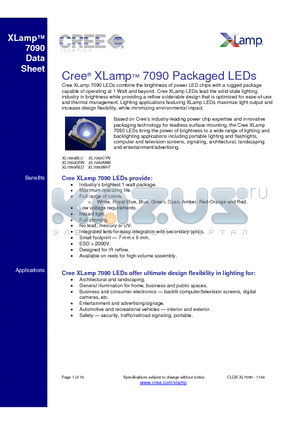 XL7090RED-L100-0012 datasheet - Cree XLamp 7090 Packaged LEDs