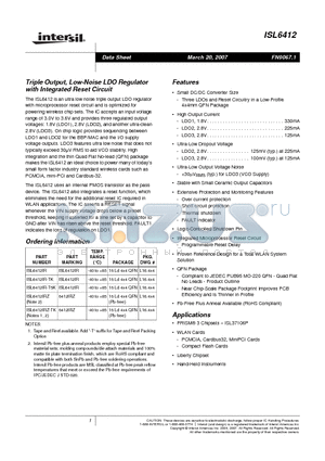 ISL6412IRZ-TK datasheet - Triple Output, Low-Noise LDO Regulator with Integrated Reset Circuit