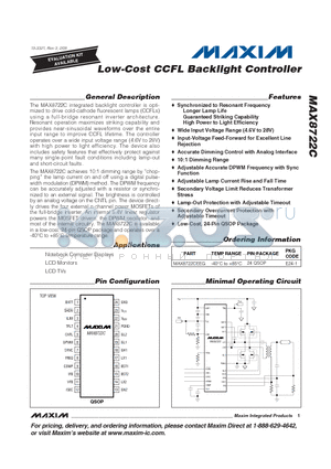 MAX8722CEEG datasheet - Low-Cost CCFL Backlight Controller