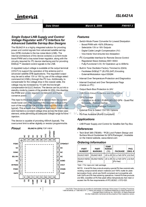 ISL6421AERZ datasheet - Single Output LNB Supply and Control Voltage Regulator with I2C Interface for Advanced Satellite Set-top Box Designs