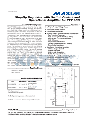 MAX8758ETG+ datasheet - Step-Up Regulator with Switch Control and Operational Amplifier for TFT LCD