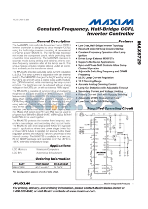 MAX8729 datasheet - Constant-Frequency, Half-Bridge CCFL Inverter Controller