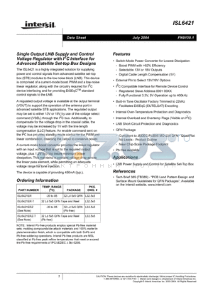 ISL6421ERZ datasheet - Single Output LNB Supply and Control Voltage Regulator with I2C Interface for Advanced Satellite Set-top Box Designs