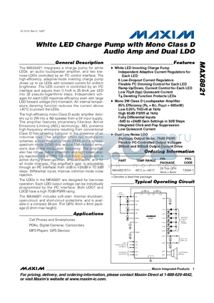 MAX8821 datasheet - White LED Charge Pump with Mono Class D Audio Amp and Dual LDO