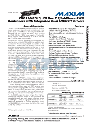 MAX8809A datasheet - VRD11/VRD10, K8 Rev F 2/3/4-Phase PWM Controllers with Integrated Dual MOSFET Drivers
