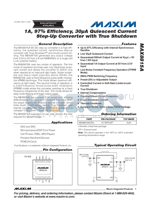 MAX8815A datasheet - 1A, 97% Efficiency, 30lA Quiescent Current Step-Up Converter with True Shutdown