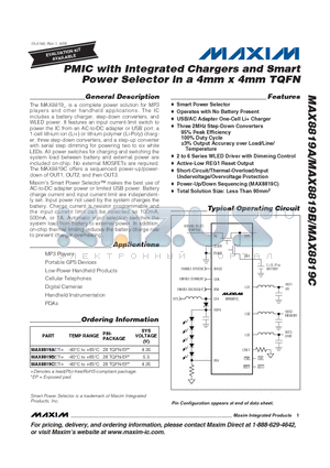 MAX8819A datasheet - PMIC with Integrated Chargers and Smart Power Selector in a 4mm x 4mm TQFN