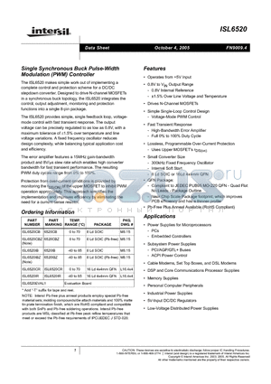 ISL6520 datasheet - Single Synchronous Buck Pulse-Width Modulation (PWM) Controller