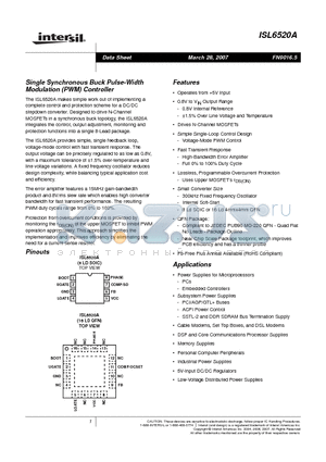 ISL6520ACR datasheet - Single Synchronous Buck Pulse-Width Modulation (PWM) Controller