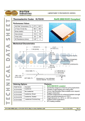 XLT2419-05AC datasheet - Thermoelectric Cooler