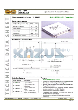 XLT2420-00L datasheet - Thermoelectric Cooler