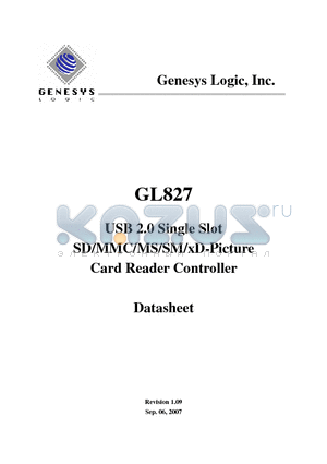 GL827-MNG datasheet - USB 2.0 Single Slot SD/MMC/MS/SM/xD-Picture Card Reader Controller