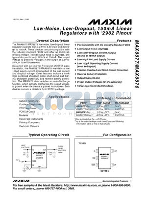 MAX8878EUKXY-T datasheet - Low-Noise, Low-Dropout, 150mA Linear Regulators with 2982 Pinout