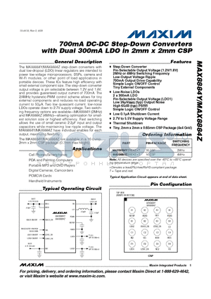 MAX8884Z datasheet - 700mA DC-DC Step-Down Converters with Dual 300mA LDO in 2mm x 2mm CSP