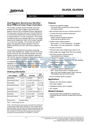 ISL6529CBZ datasheet - Dual Regulator.Synchronous Rectified Buck PWM and Linear Power Controller