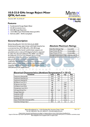XM1001-QH datasheet - 10.0-33.0 GHz Image Reject Mixer QFN, 4x4 mm