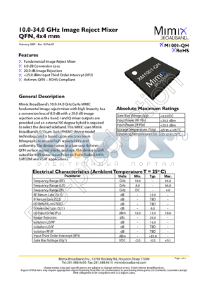 XM1001-QH-EV1 datasheet - 10.0-34.0 GHz Image Reject Mixer QFN, 4x4 mm